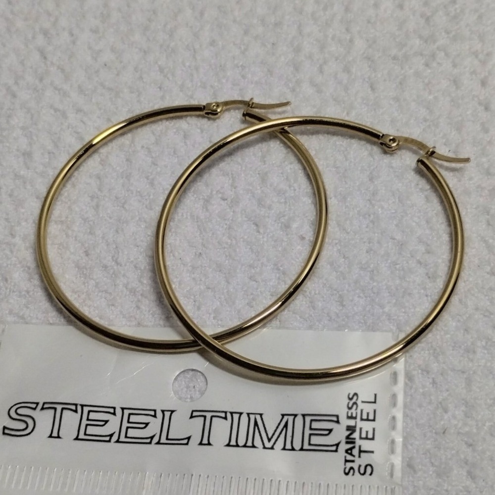 Steeltime Gold Stainless Steel Large Round Hoop Earrings 2 Inch Polished Classic